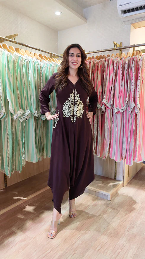 Deep Brown Premium Liva Cotton Embroidered Jumpsuit