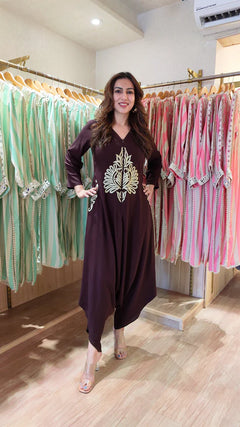 Deep Brown Premium Liva Cotton Embroidered Jumpsuit