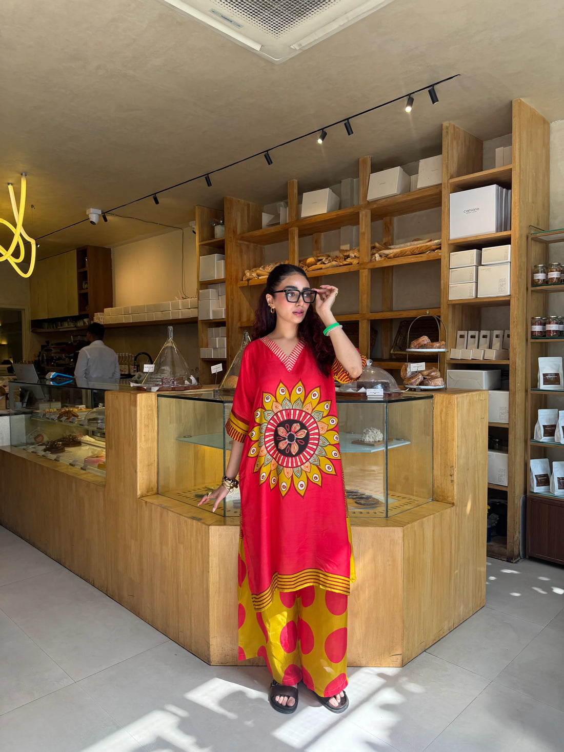 Crimson Mandala Printed Kaftan Set for Women