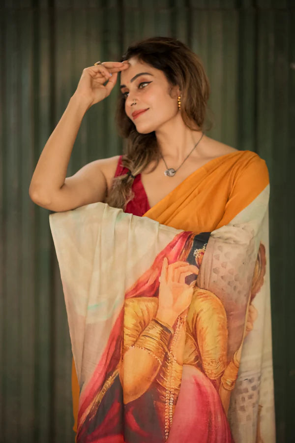 Rajsi Raaz Mustard Muse Mul Mul Printed Saree