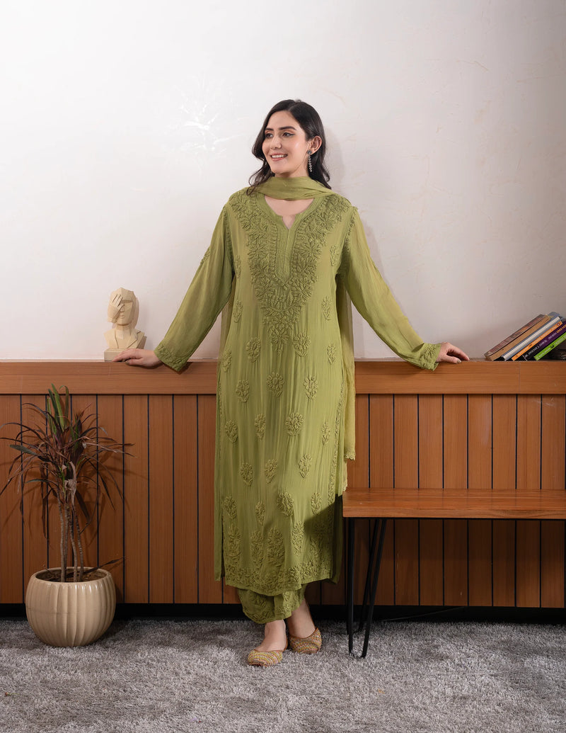Mocha Blossom Viscose Georgette Straight Chikankari  Kurta Set