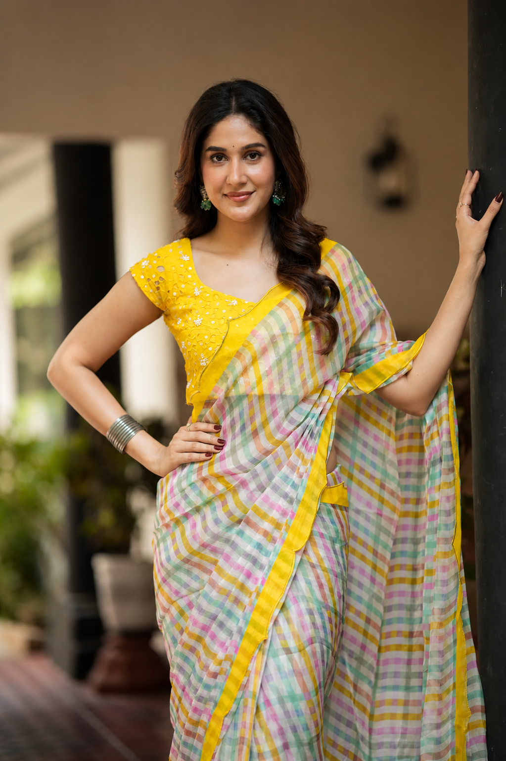 Multi viscose jute saree with hand work blouse