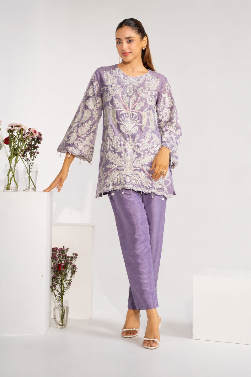 Lilac Embroidered Co-Ord Set in  indo-western