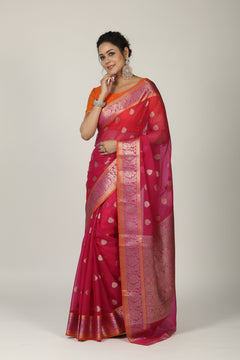 Banarasi Organza Saree with Gold Butti and Zari Border in Rani Pink