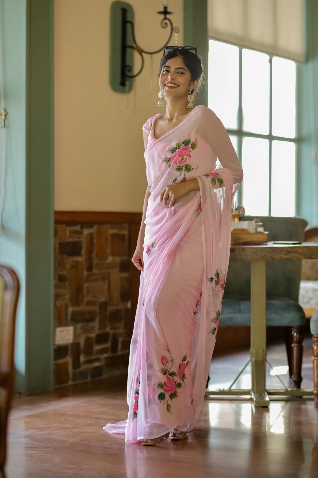 Gulrooh Hand-Painted Pure Chiffon Saree with Blouse