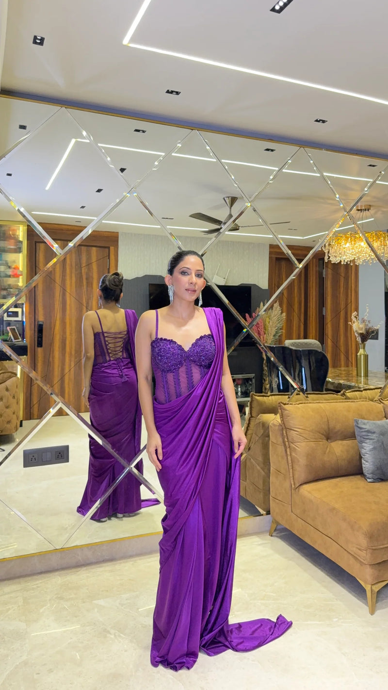 Emerald Green Off-Shoulder Corset Saree