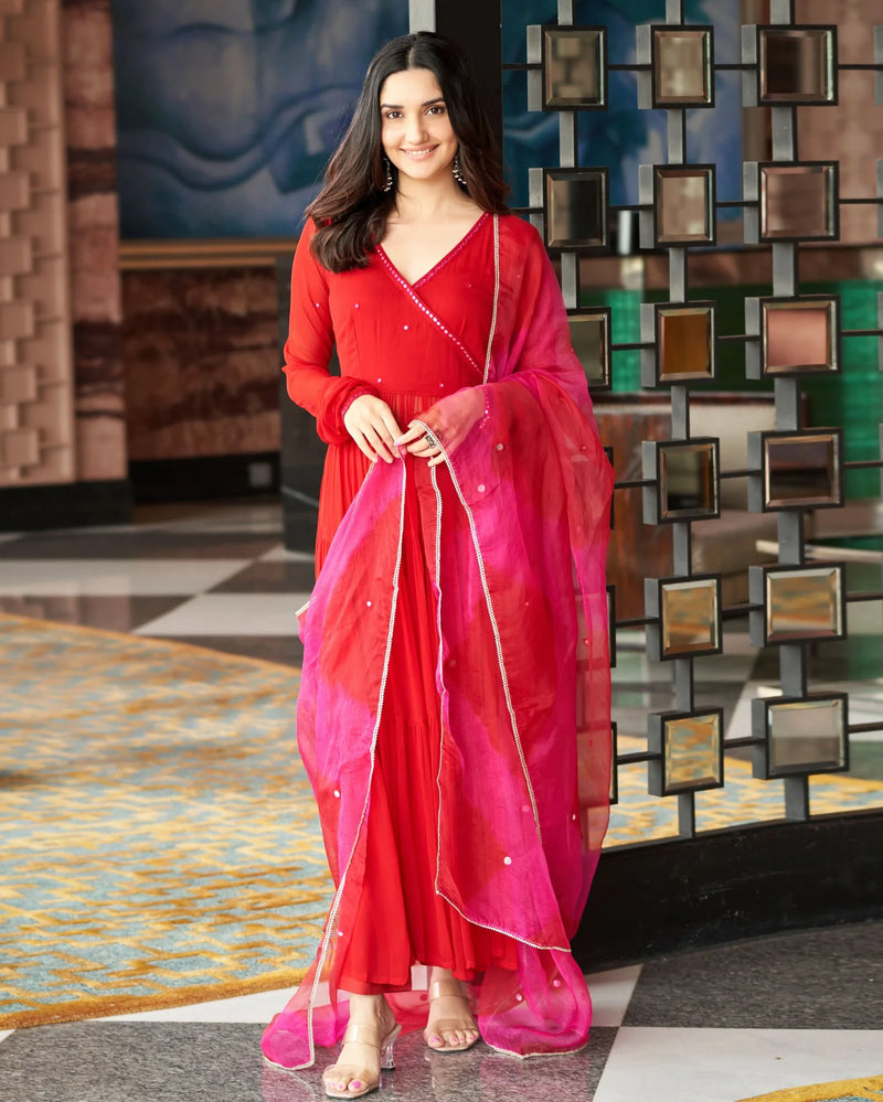 Mirror Work Embroidered Georgette Anarkali Suit Set