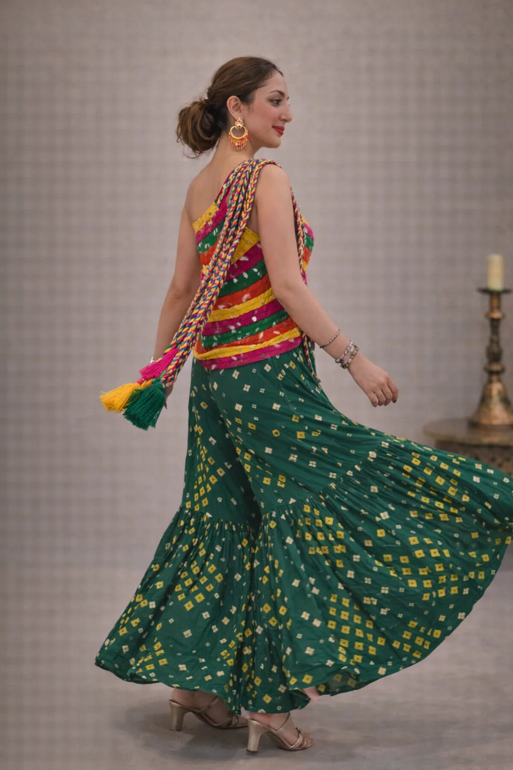 Sundown Multicolor One-Shoulder Bandhani Top with Green Sharara Set