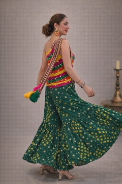 Sundown Multicolor One-Shoulder Bandhani Top with Green Sharara Set