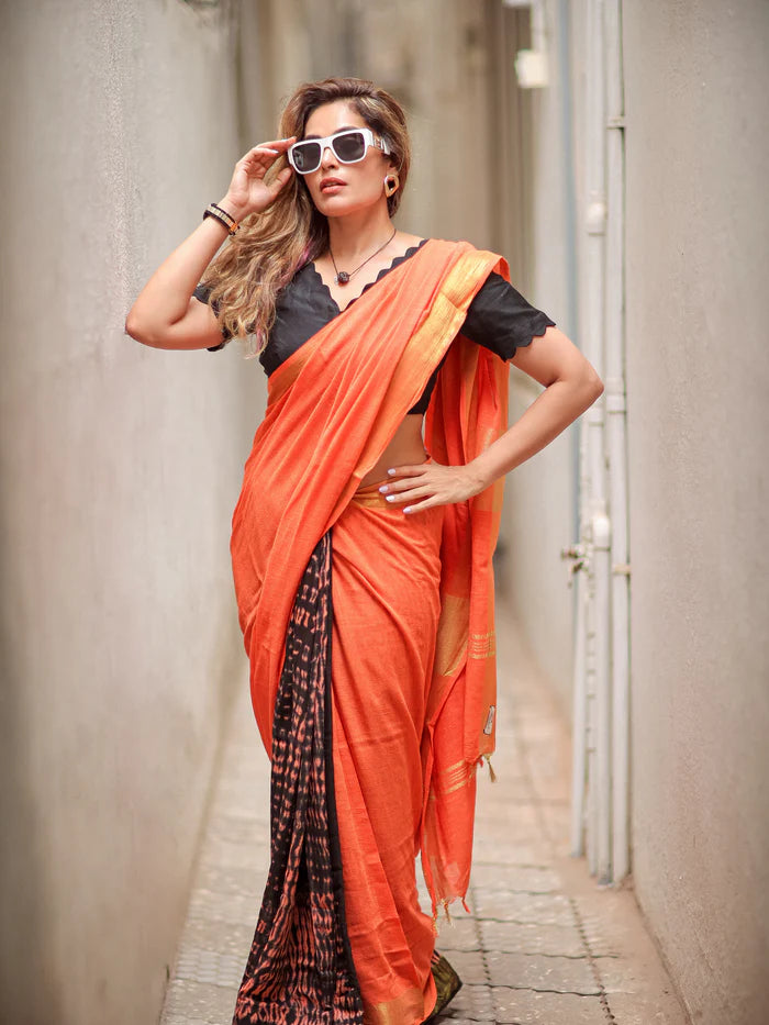Coral Glow Soft Linen Quirky Saree