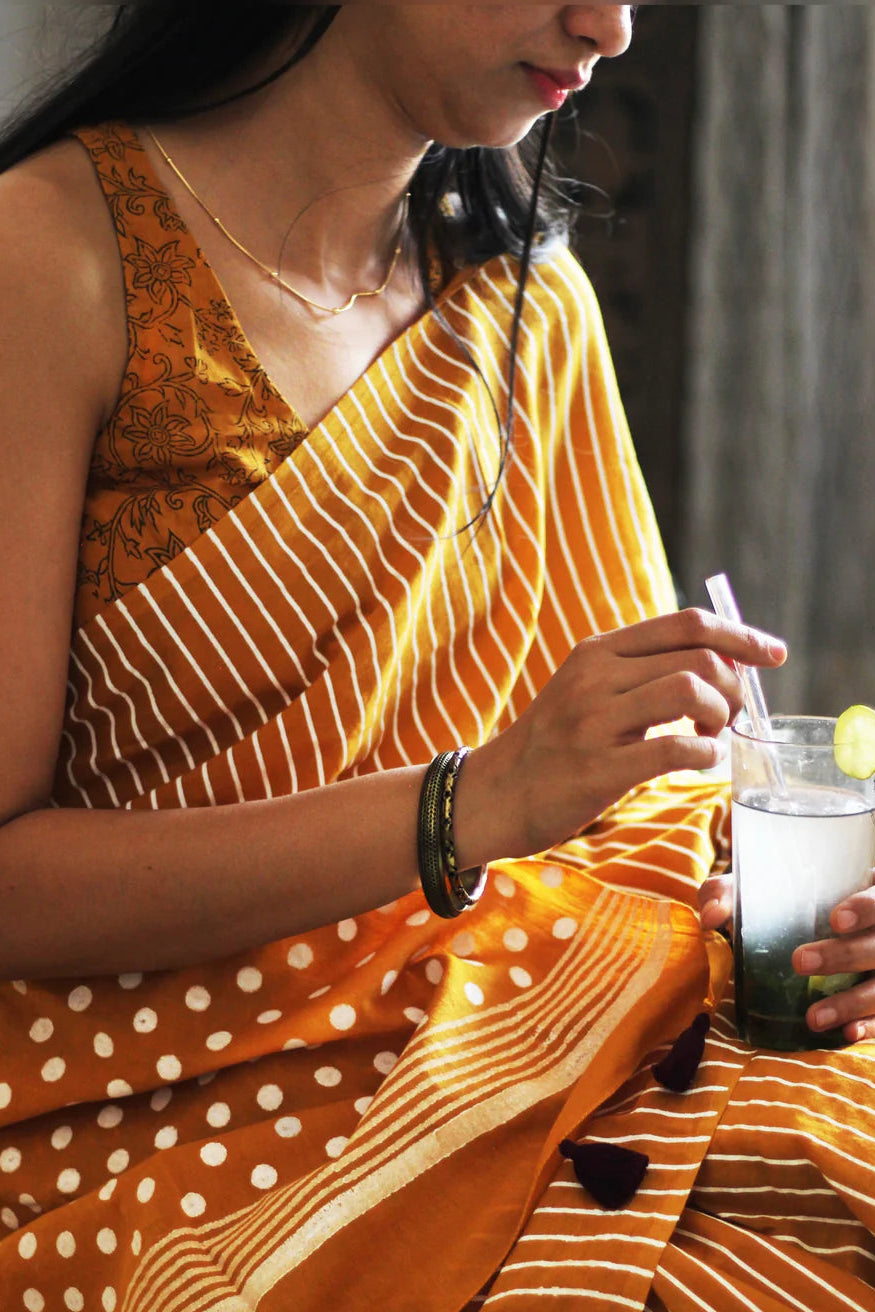 Crimson Dot & Stripe Cotton Saree