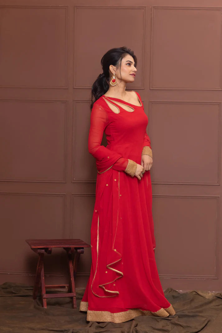 Chanderi Red Petal Neck Anarkali with Dupatta