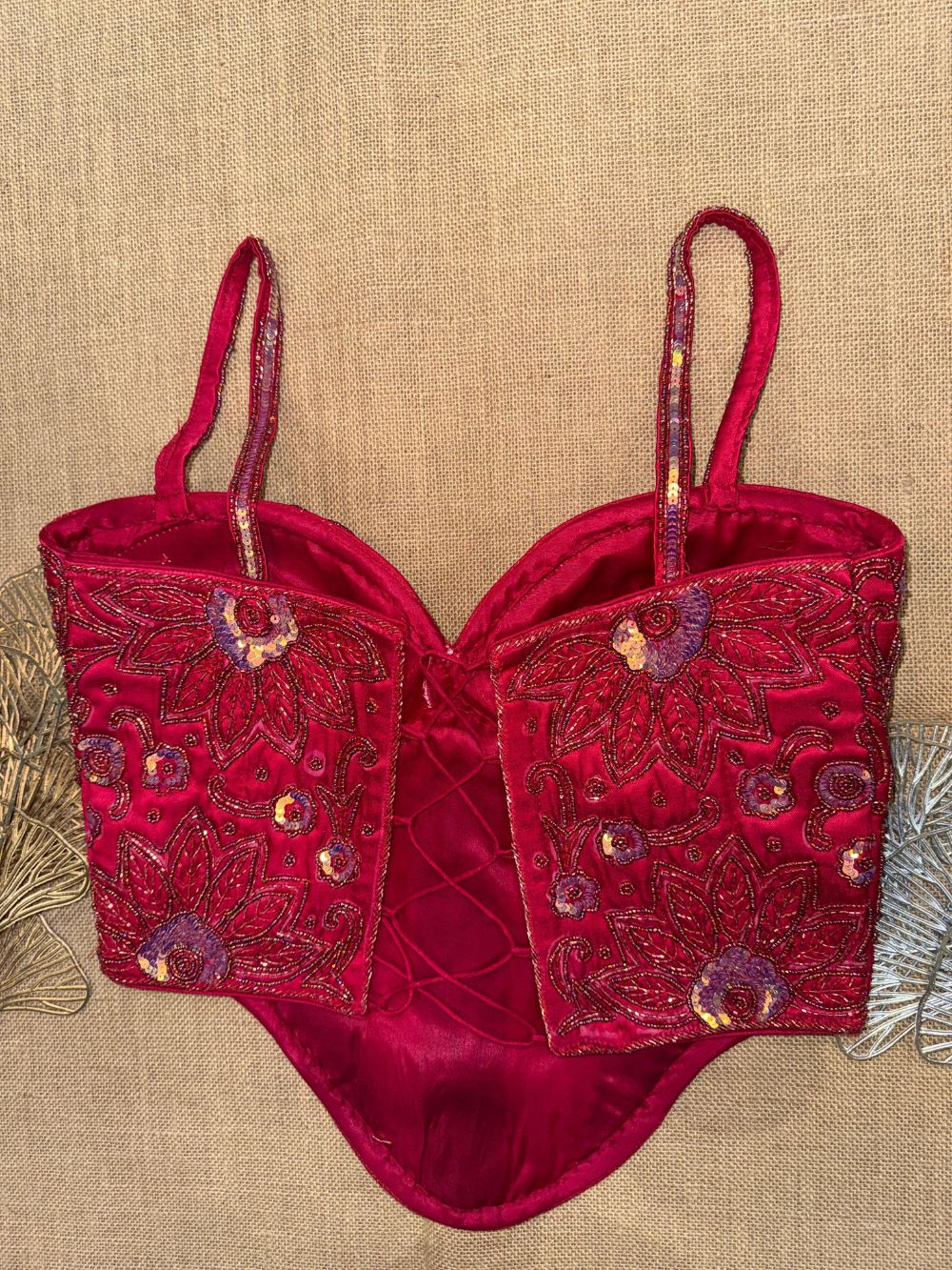 Ruby Red Floral Handwork Sequin Designer Corset Blouse