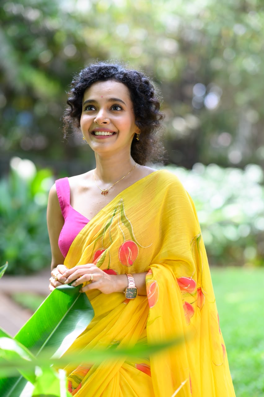 Sunshine Yellow Hand-Painted Tulip Mul Cotton Saree