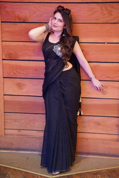 Embroidery Mul Mul Cotton black Saree