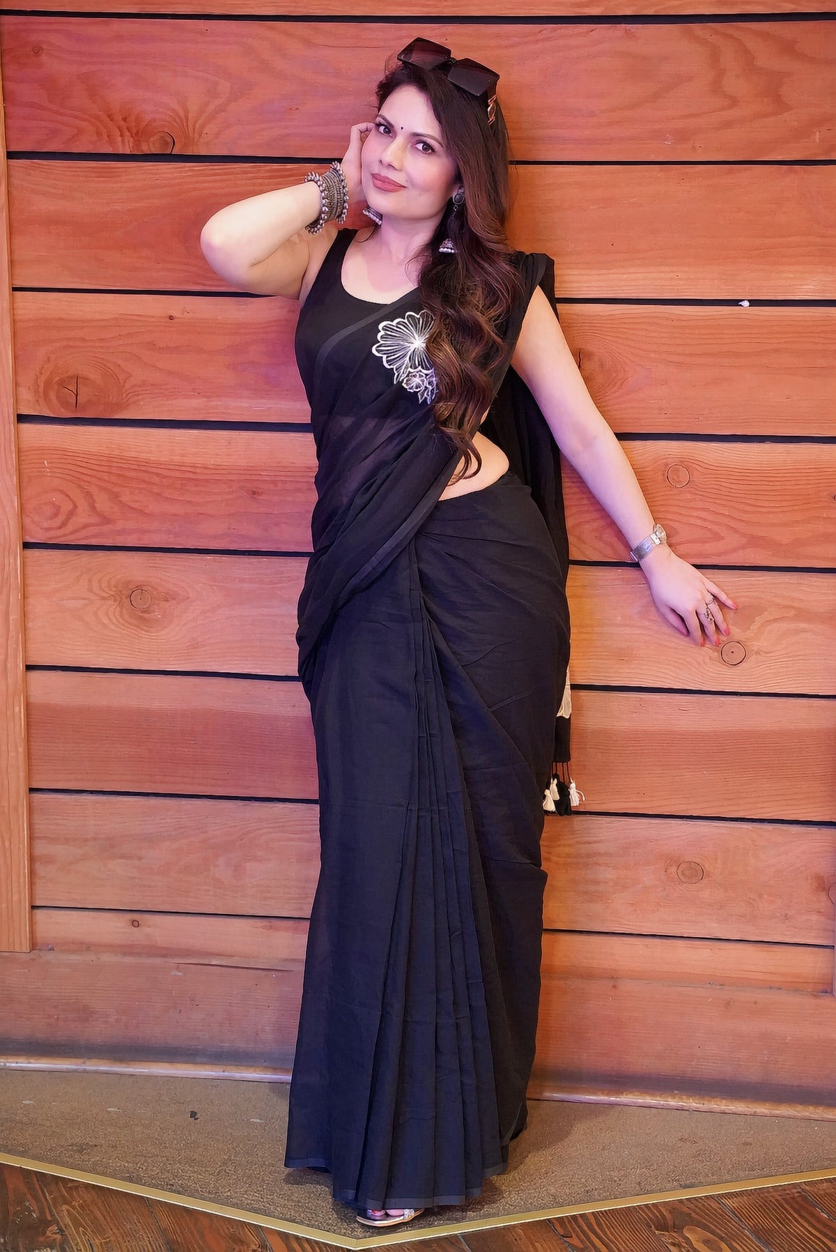 Embroidery Mul Mul Cotton black Saree