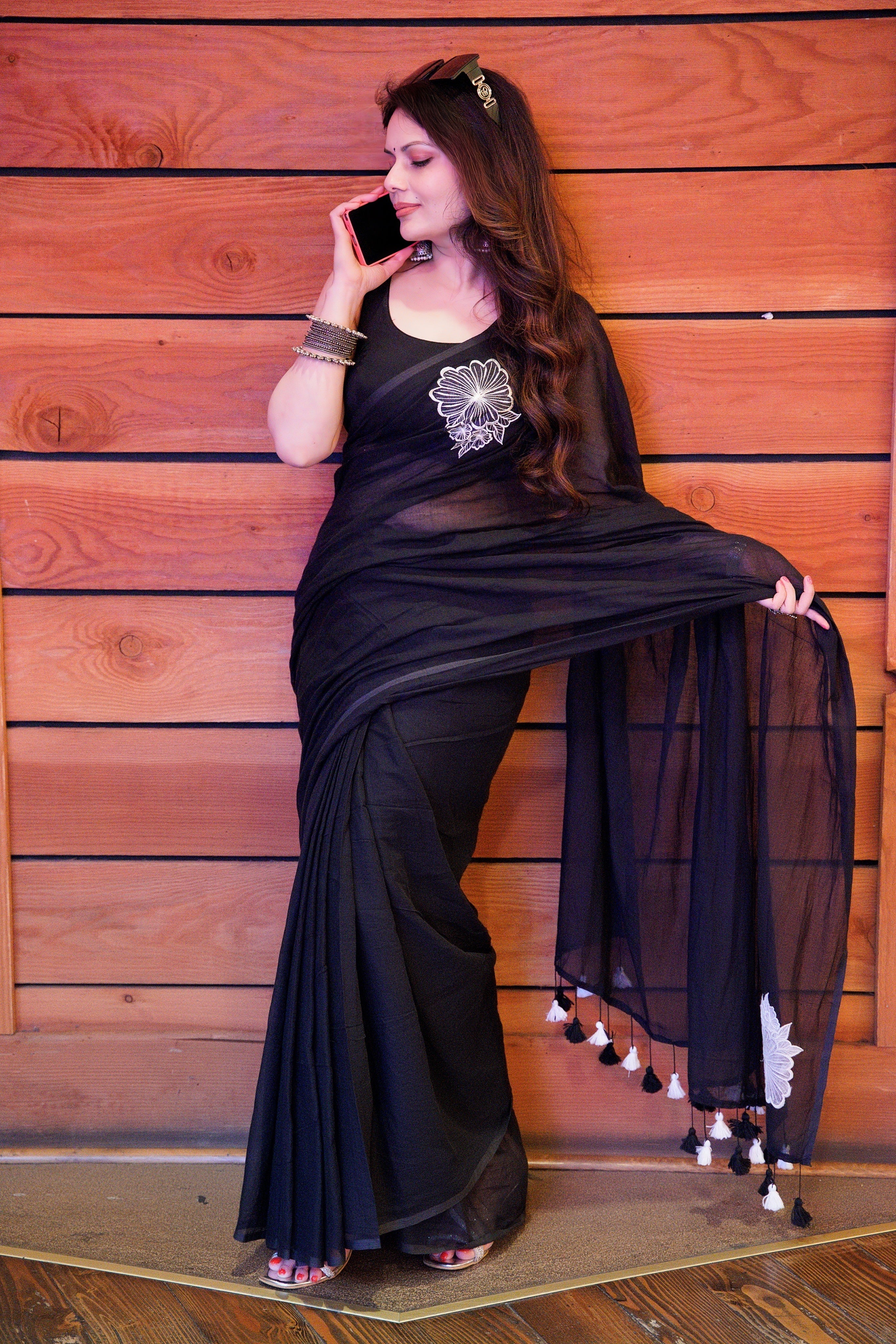 Embroidery Mul Mul Cotton black Saree