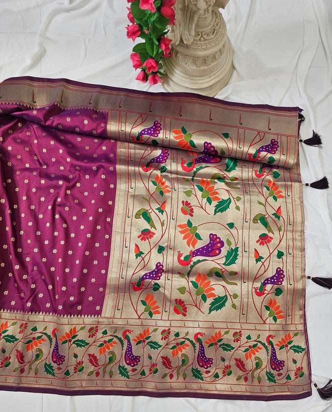 Rajhans Rani Pink Soft Silk Paithani Saree with Copper Zari Lotus Pallu