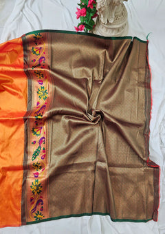 Surmayi Orange Soft Silk Paithani Saree with Lotus & Peacock Copper Zari Pallu