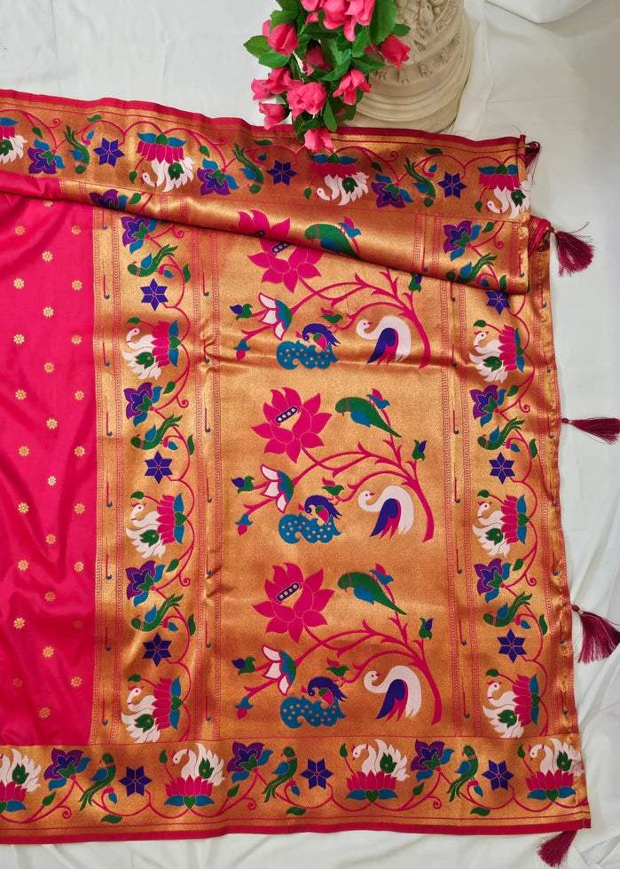 Rajhans Rani Pink Soft Silk Paithani Saree with Copper Zari Lotus Pallu