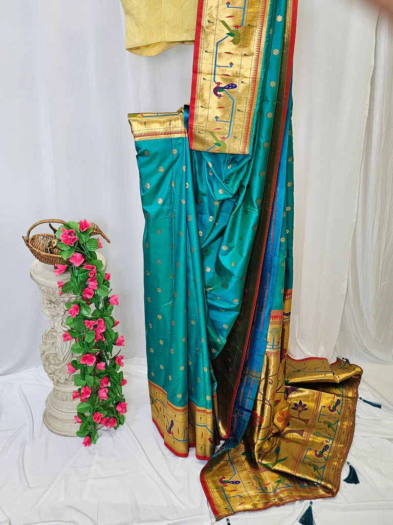 Surmayi Orange Soft Silk Paithani Saree with Lotus & Peacock Copper Zari Pallu