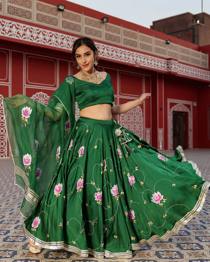 Green Hand-Painted Floral Satin Lehenga Set