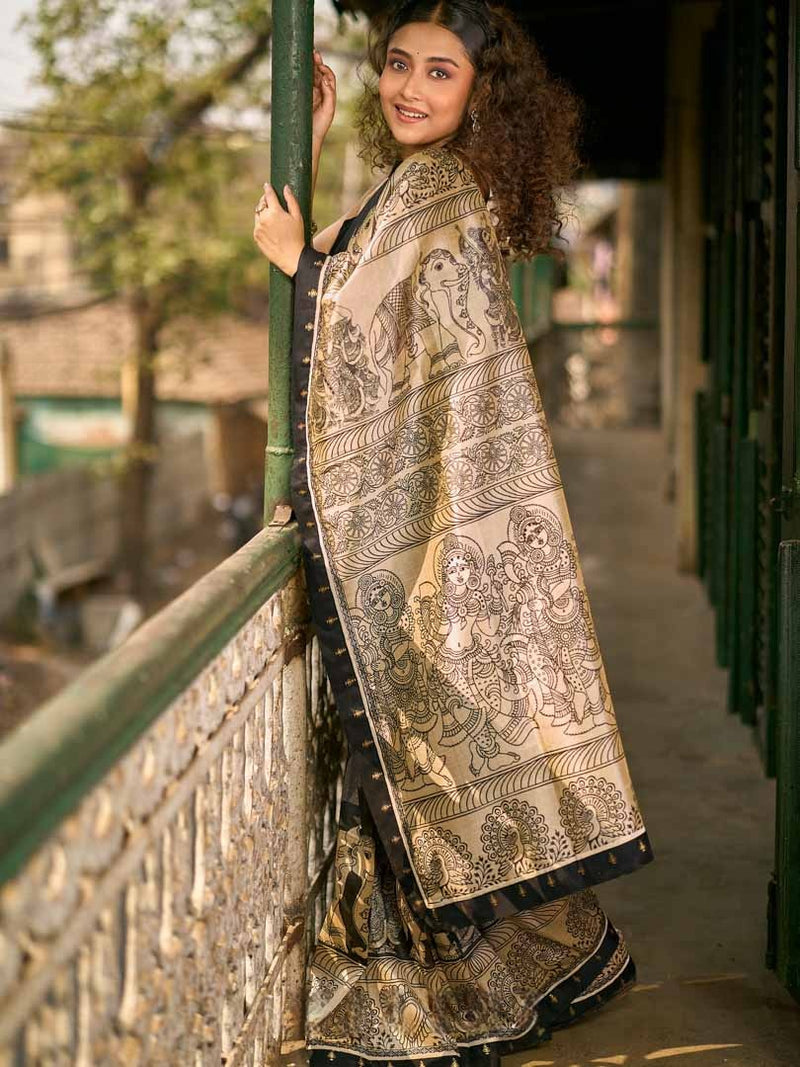 Traditional Black Art Silk Kalamkari Printed Saree with Detailed Pallu with Stiched Blouse