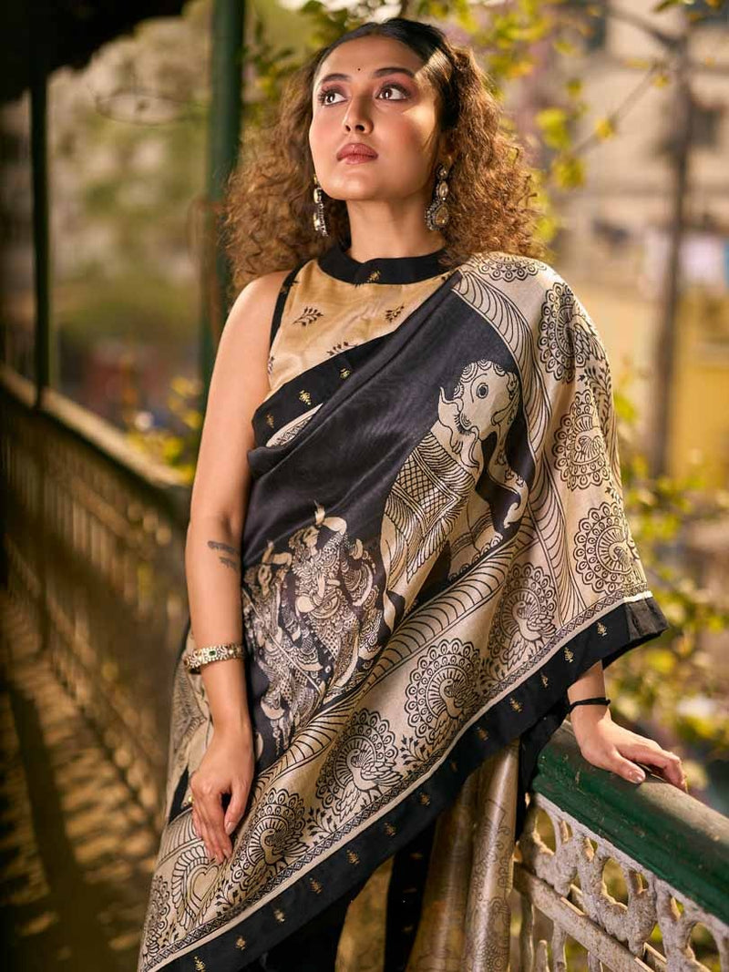 Traditional Black Art Silk Kalamkari Printed Saree with Detailed Pallu with Stiched Blouse