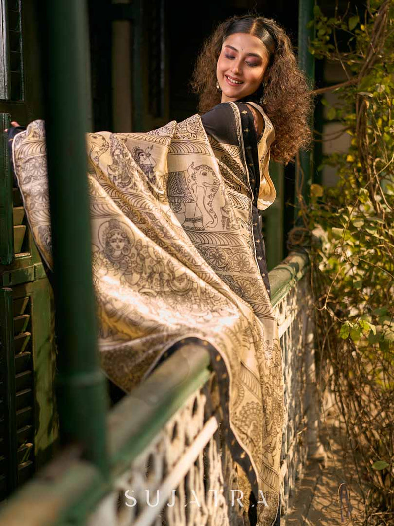 Traditional Black Art Silk Kalamkari Printed Saree with Detailed Pallu with Stiched Blouse