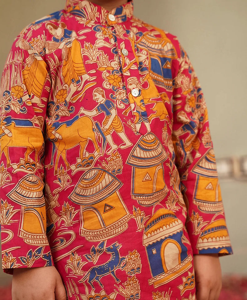 Pink Cotton Farm Animal Kurta Dhoti Set