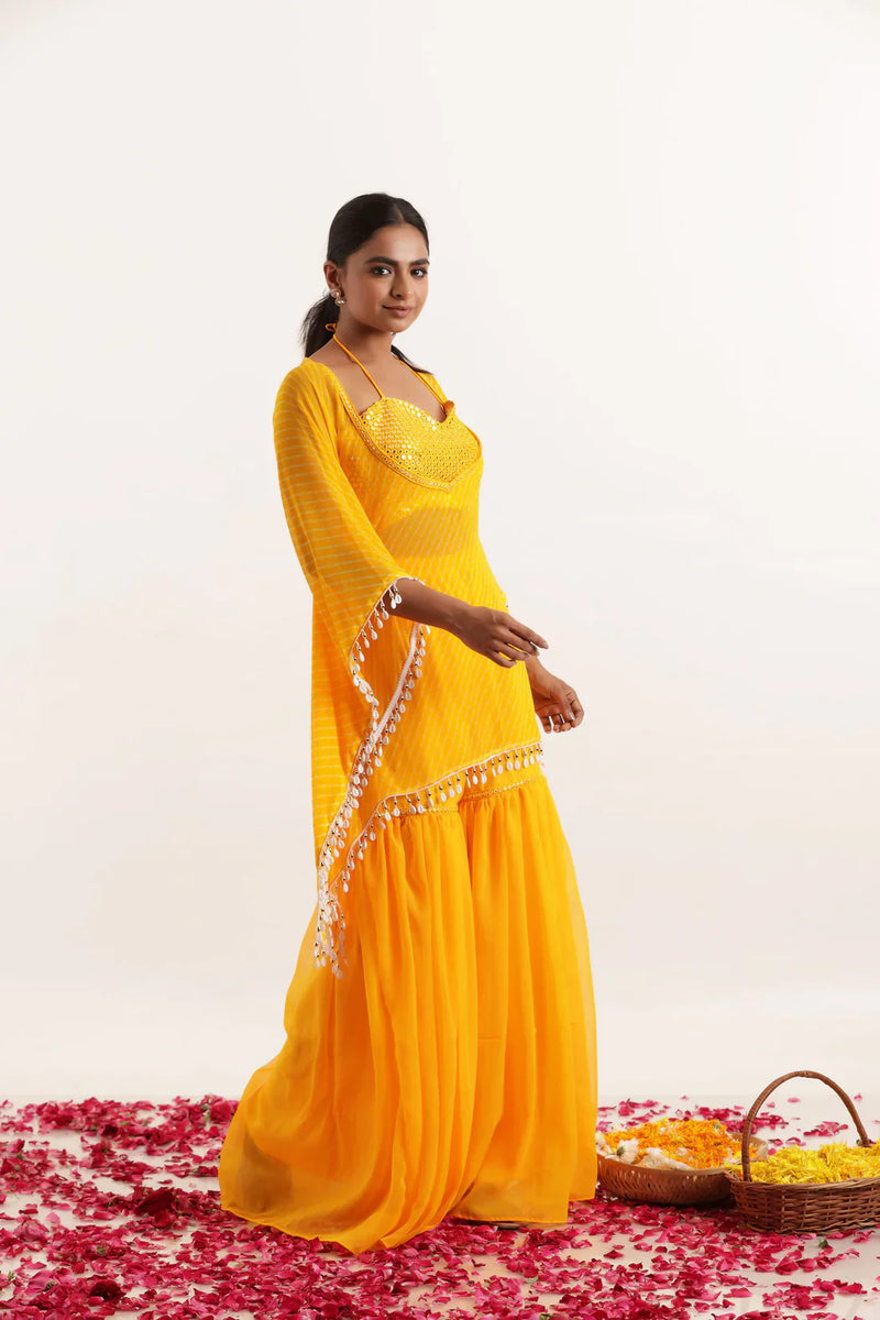 Leheriya Georgette Sharara Kaftan Set with Mirror