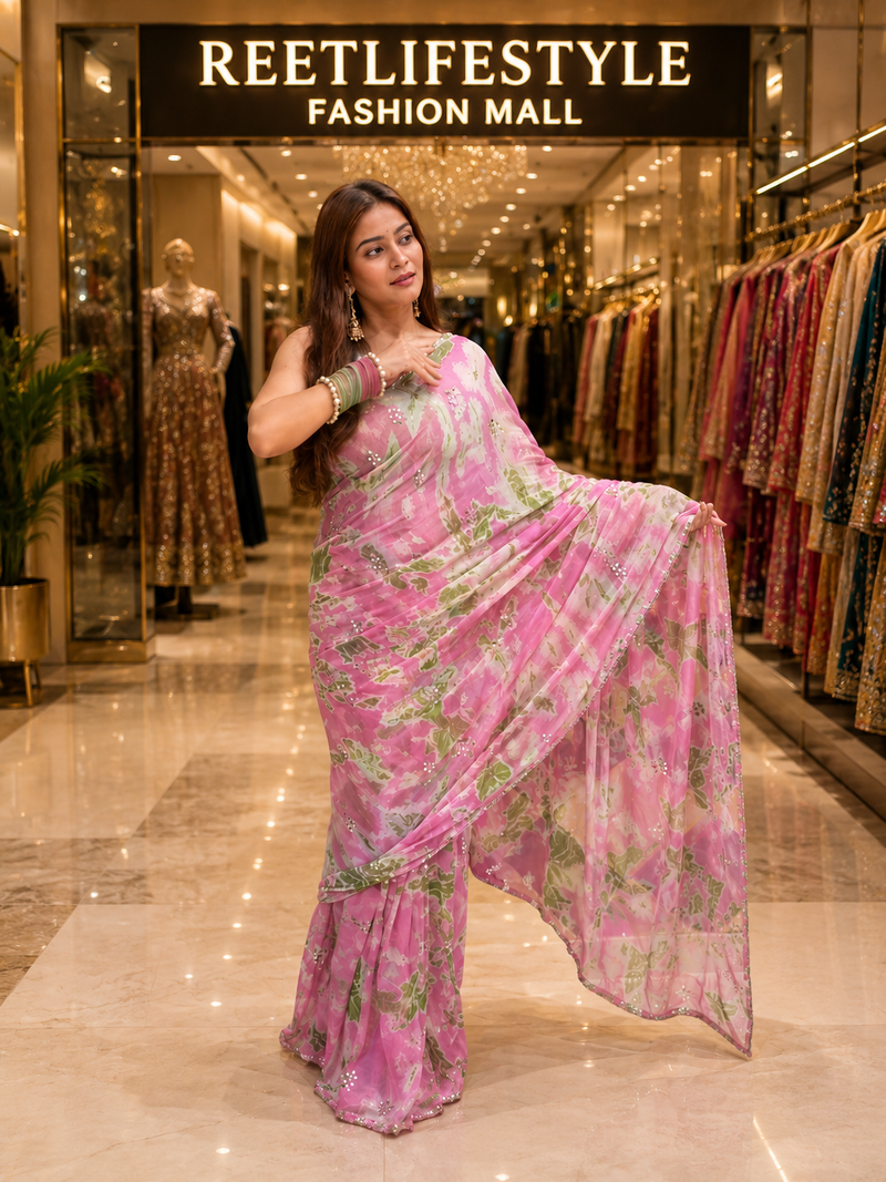 Royal Blue Pure Chiffon Mirror & Katdana Handcrafted Saree