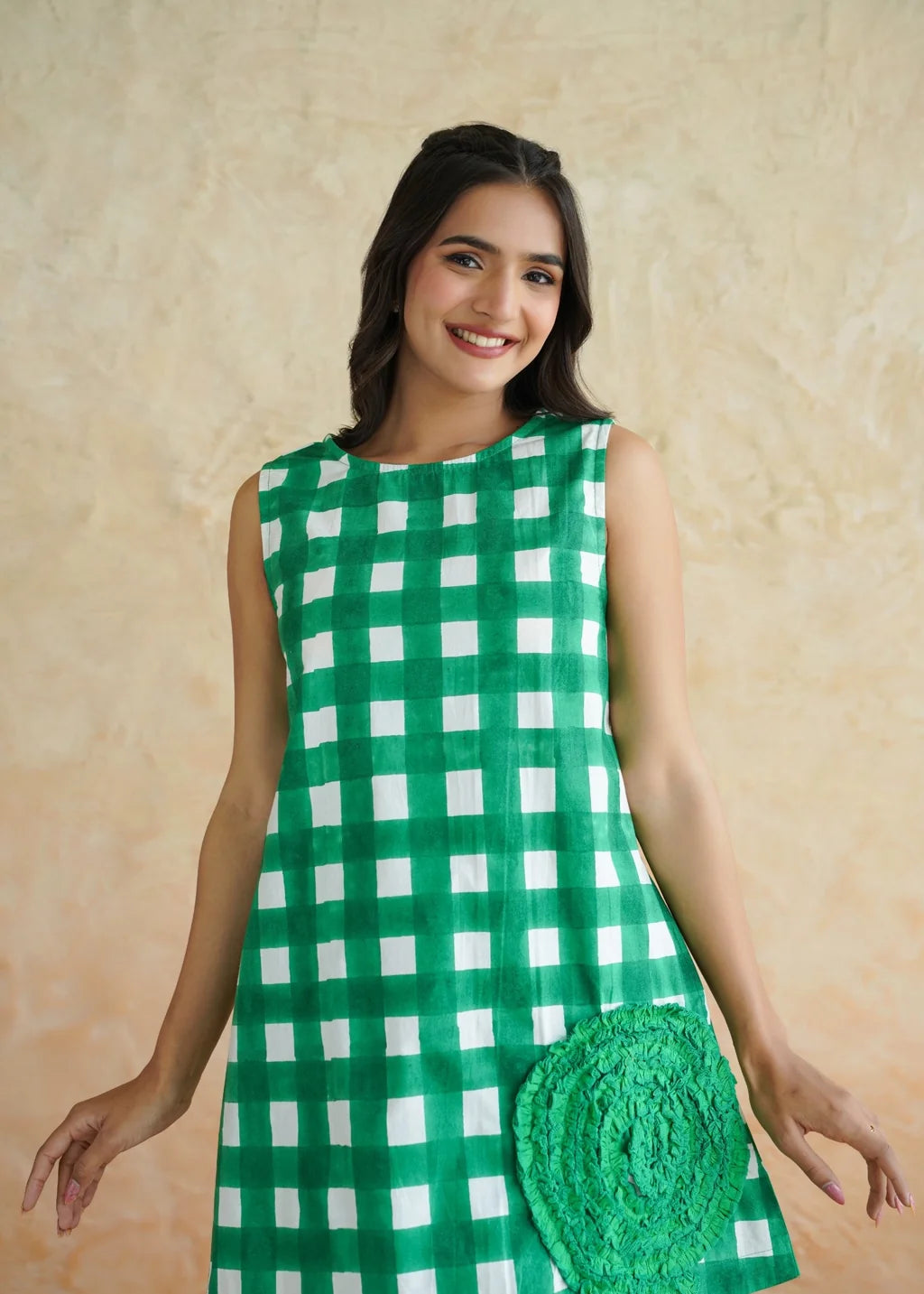Noor Emerald Checks Cotton Mini Dress