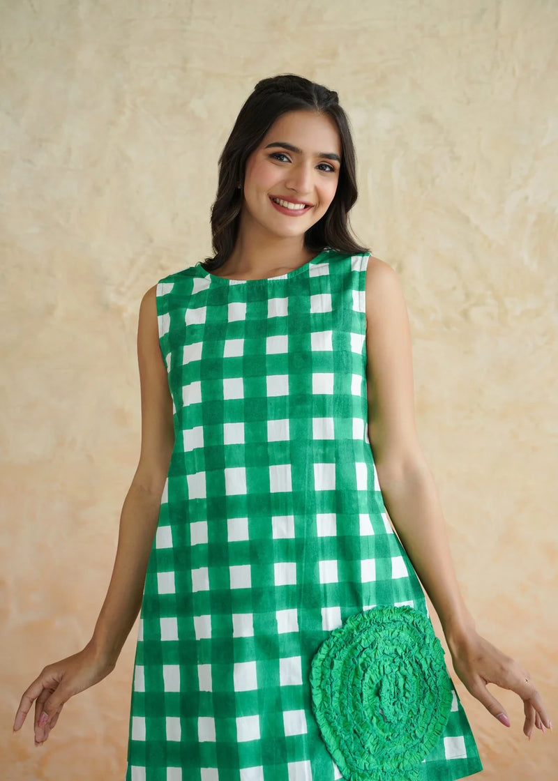 Noor Emerald Checks Cotton Mini Dress