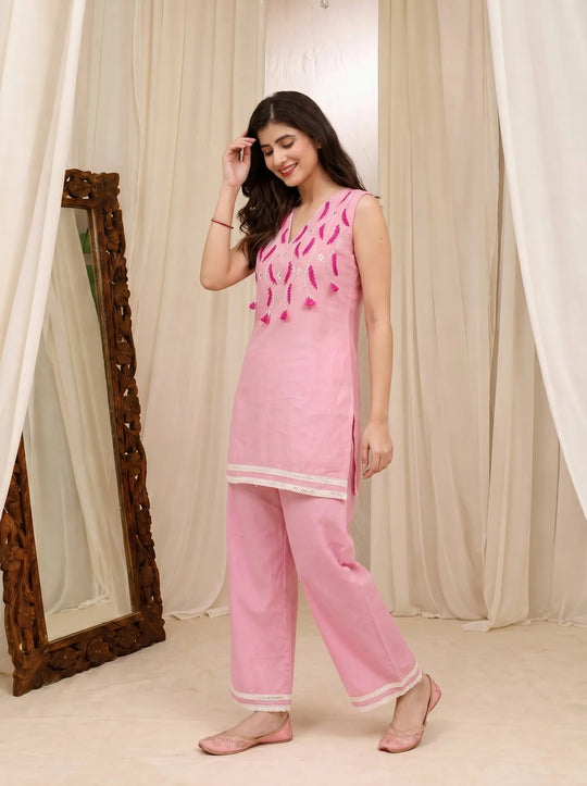Noor Blush Embroidered Short Co-Ord Set
