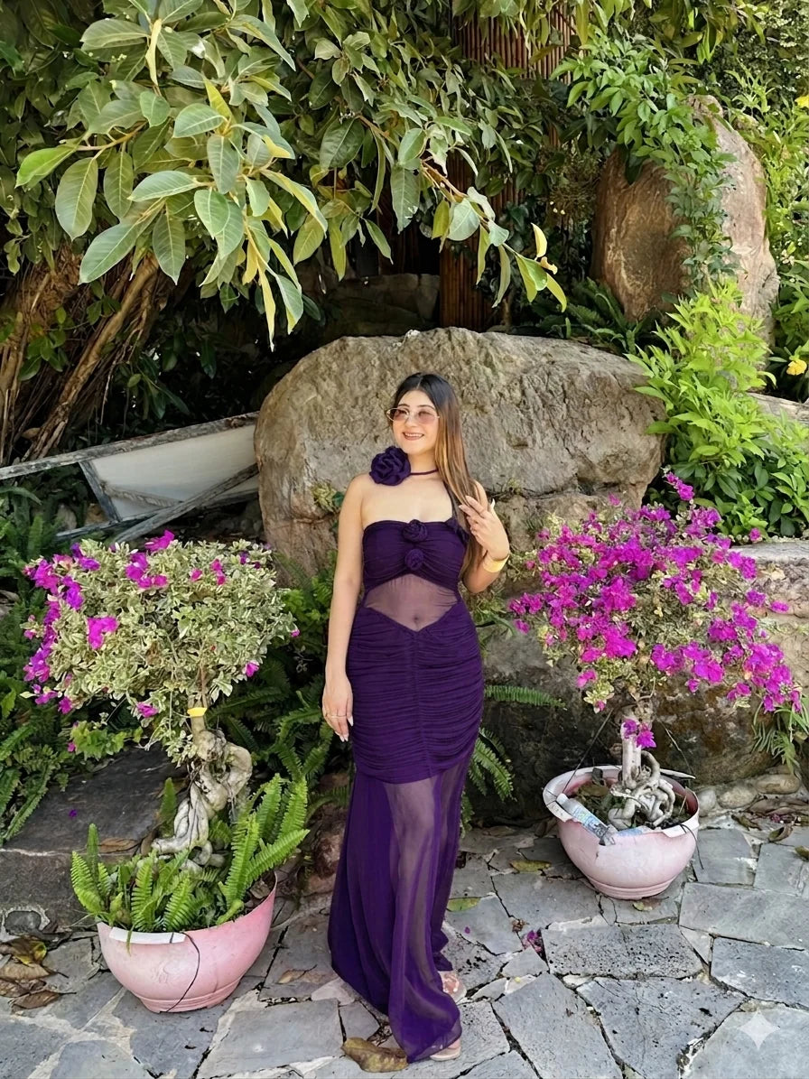 Fuchsia Rose Halo Choker Maxi Dress