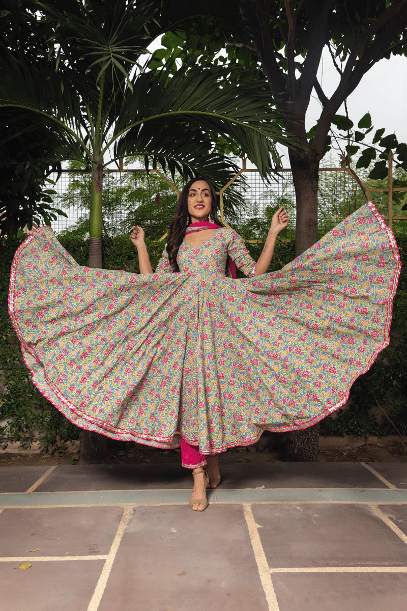 Gulnaar Bloom Cotton Anarkali Set