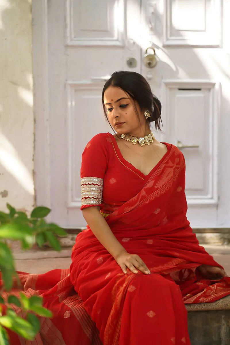 Red Handloom Cotton Woven Motifs Saree With Blouse