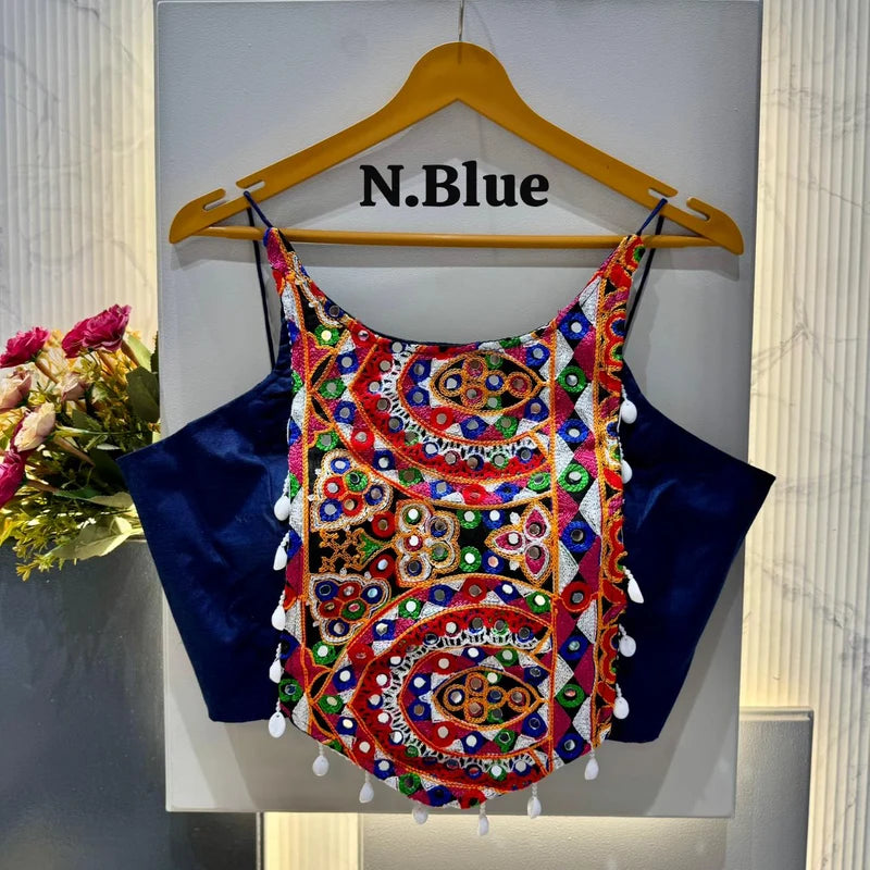 Petrol Blue Kutchi Mirror Work Designer Blouse