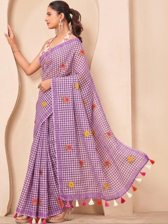 Silk  Floral Checked Woven Design Border Saree
