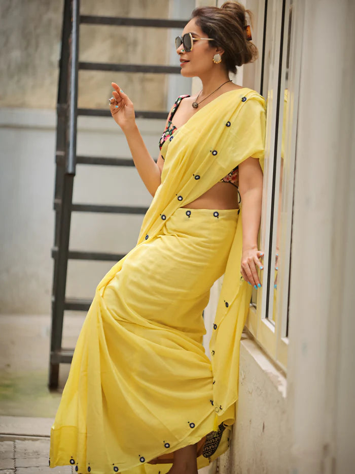 Lemon Glow Tassel Soft Mul Cotton Saree