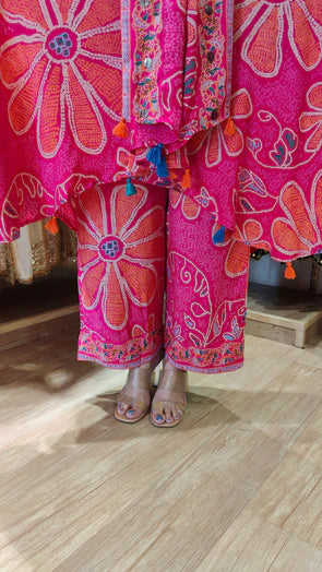 Fuchsia Pink Muslin Silk Floral Butterfly Kurta Pant Co-ord Set