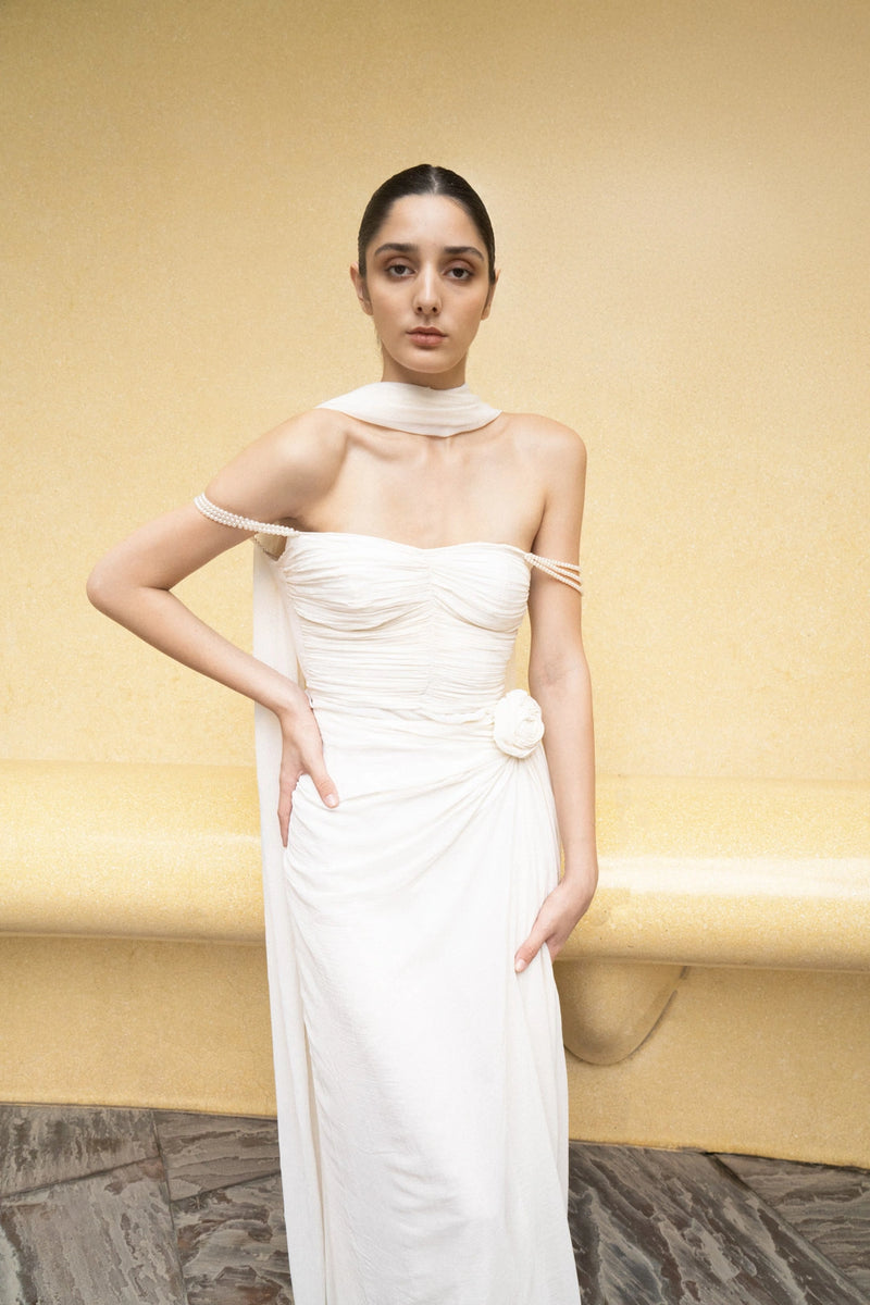 Ivory Pearl Cascade Off-Shoulder Gown