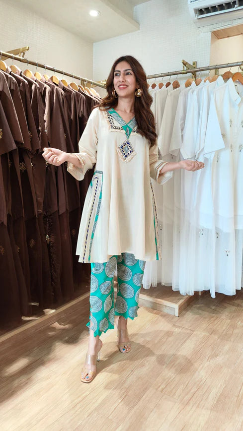 Ivory Cotton Flex Short Kurta with Green Printed Pant Set