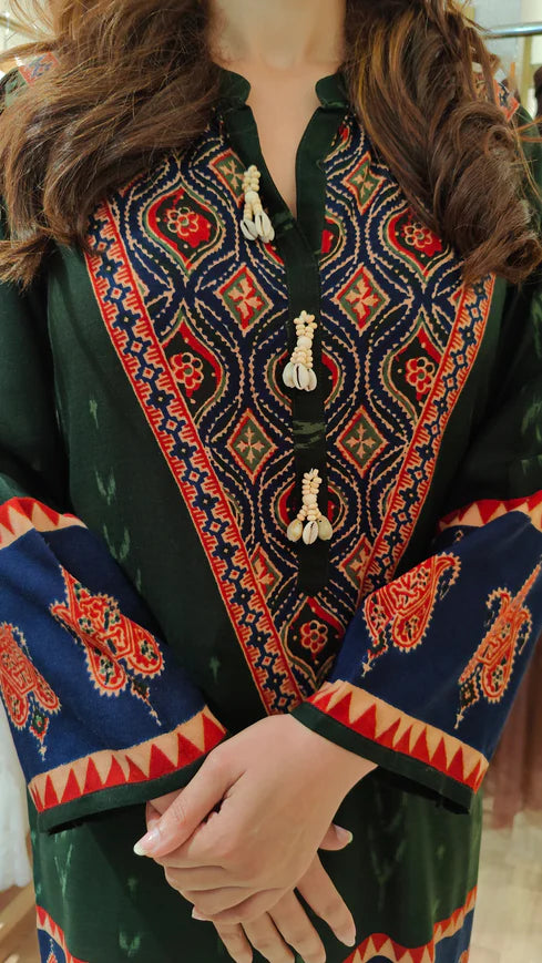 Red Ethnic V-Neck Co-ord Set with Paisley Border Detailing