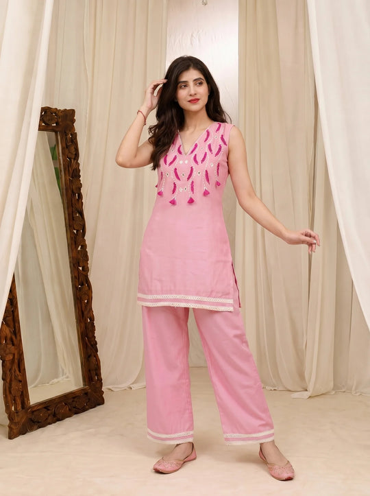 Noor Blush Embroidered Short Co-Ord Set