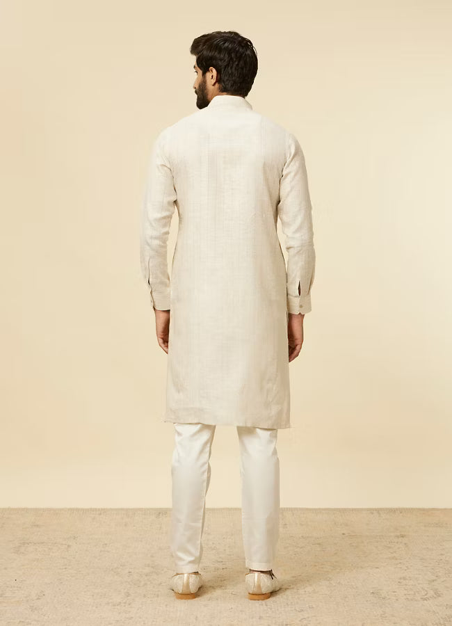 White Pure Silk  Self Patterned Mens Kurta