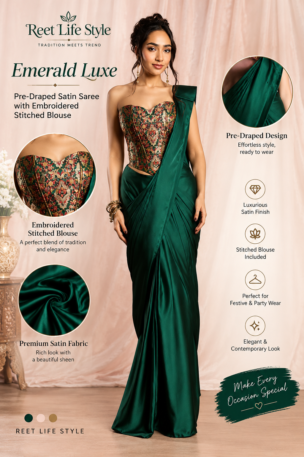 Emerald Luxe Pre-Draped Satin Saree with Embroidered Stitched Blouse