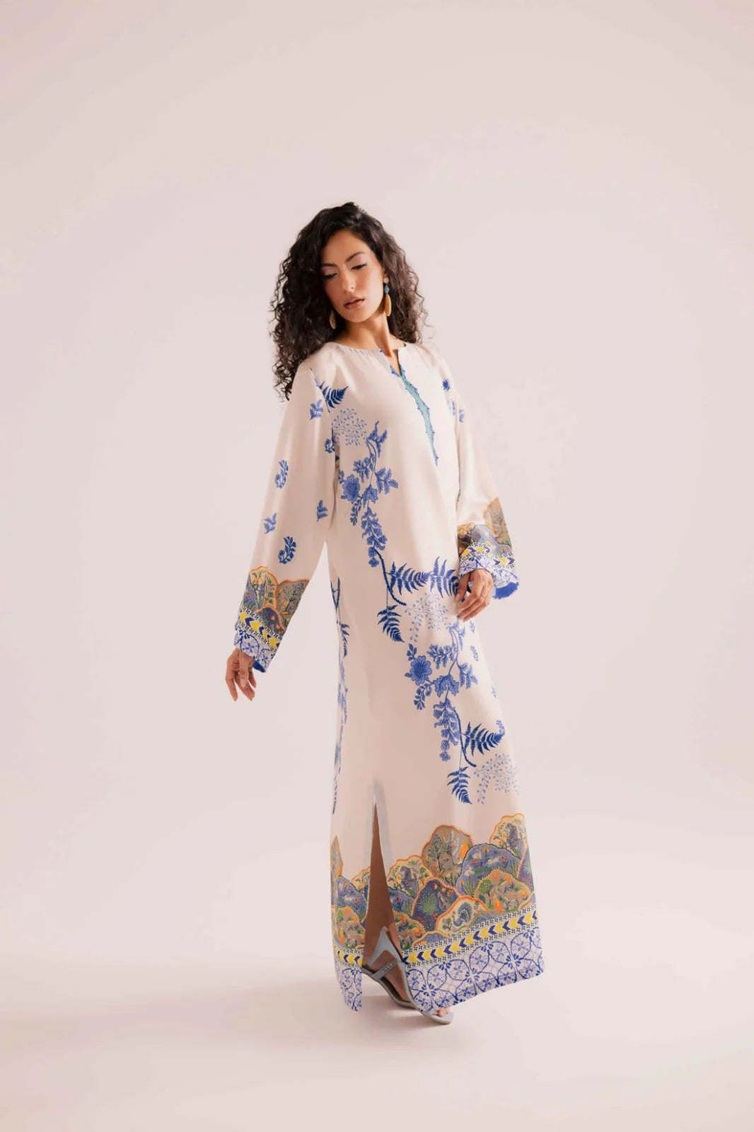 Ivory Blue Floral Printed Kaftan Dress