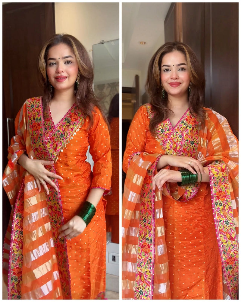 Orange Tissue Meenakari Suit Set